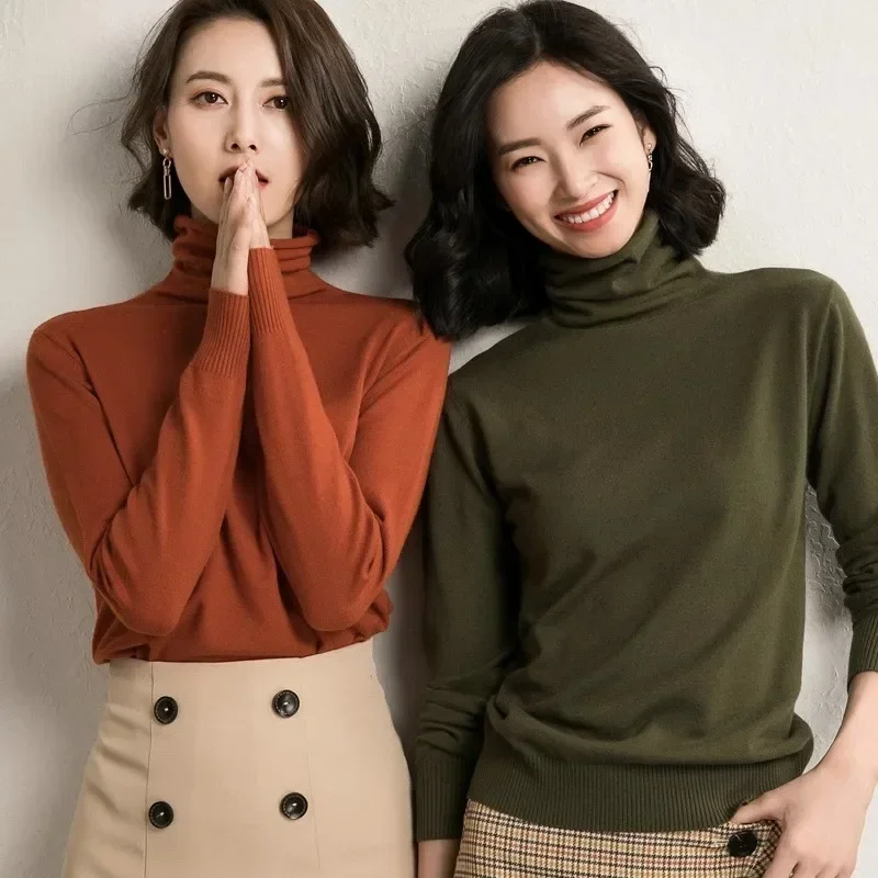 Sweter damski jesienno-zimowy ciepłe koszule z golfem koreańska moda swetry z długim rękawem Slim Fit Casual Knitwears — zdjęcie 2