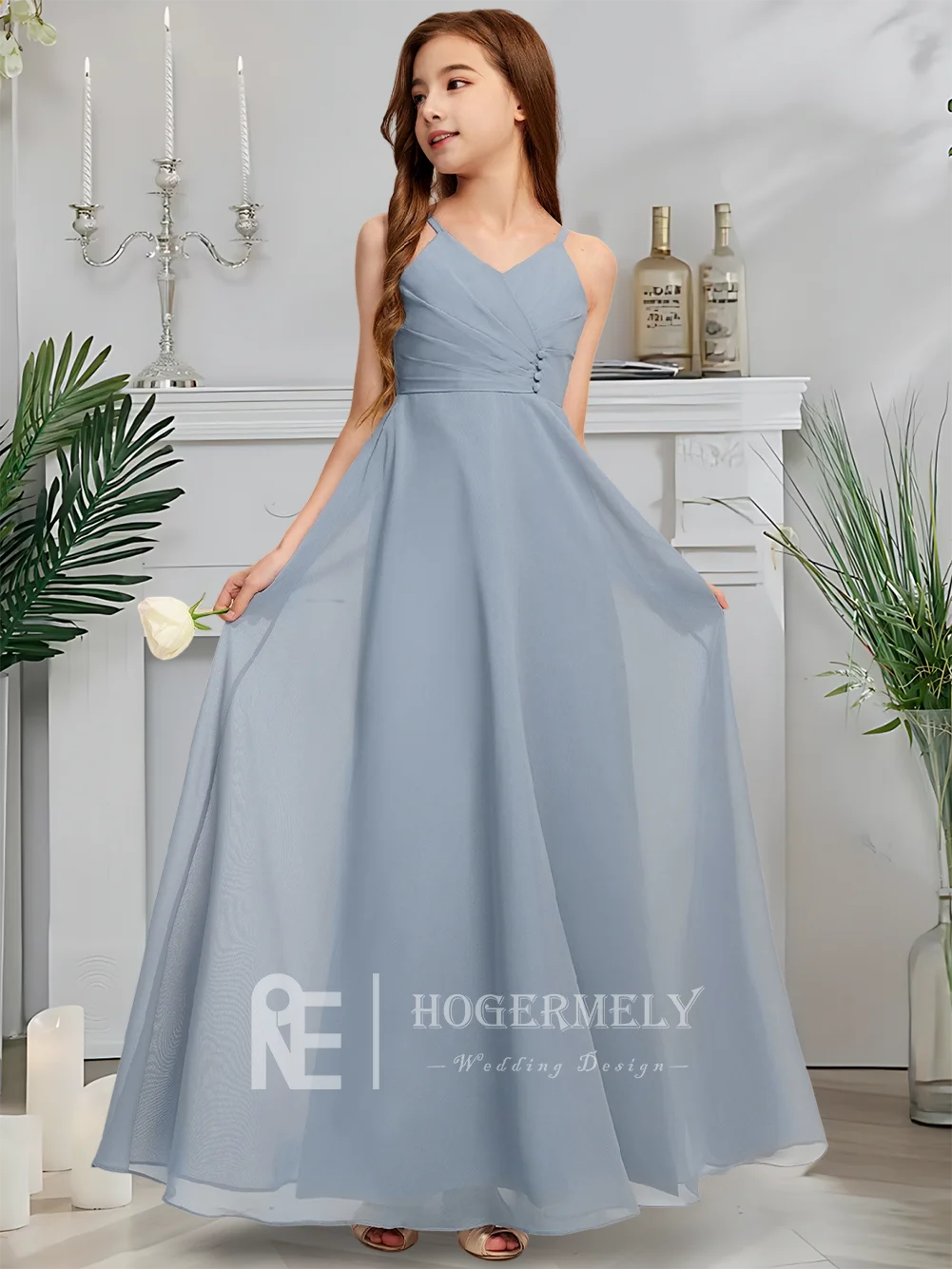Luxuoso vestido de dama de honra júnior com decote em v, vestido azul enevoado para meninas, comprimento do chão, chiffon, formatura, traje de festa