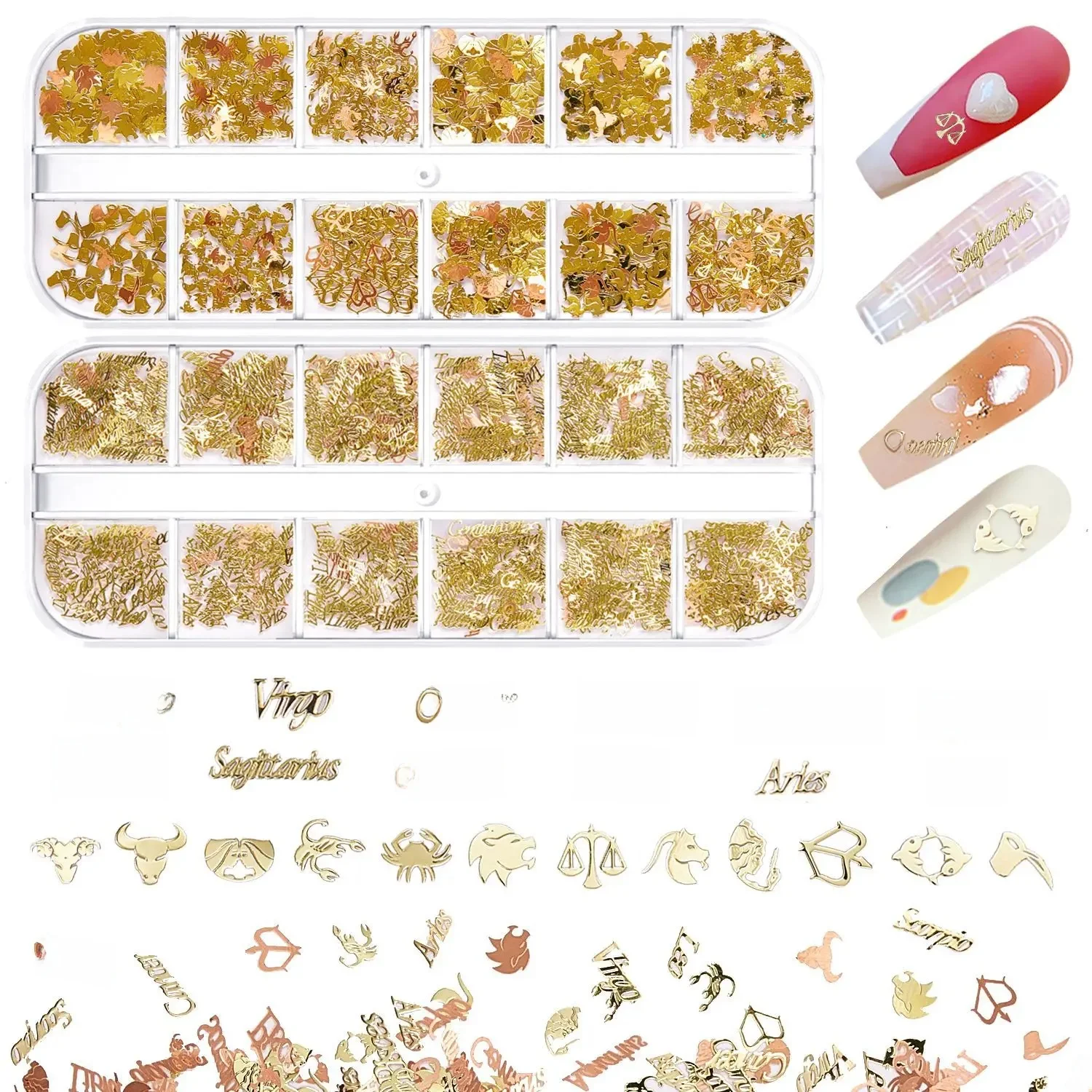 Gold Mix Zodiac Nail Charms Flakes 12w1 Mixed Constellation Patterns Metal Words Letters 3d Nail Art Decorations Alloy Sequins — zdjęcie 2