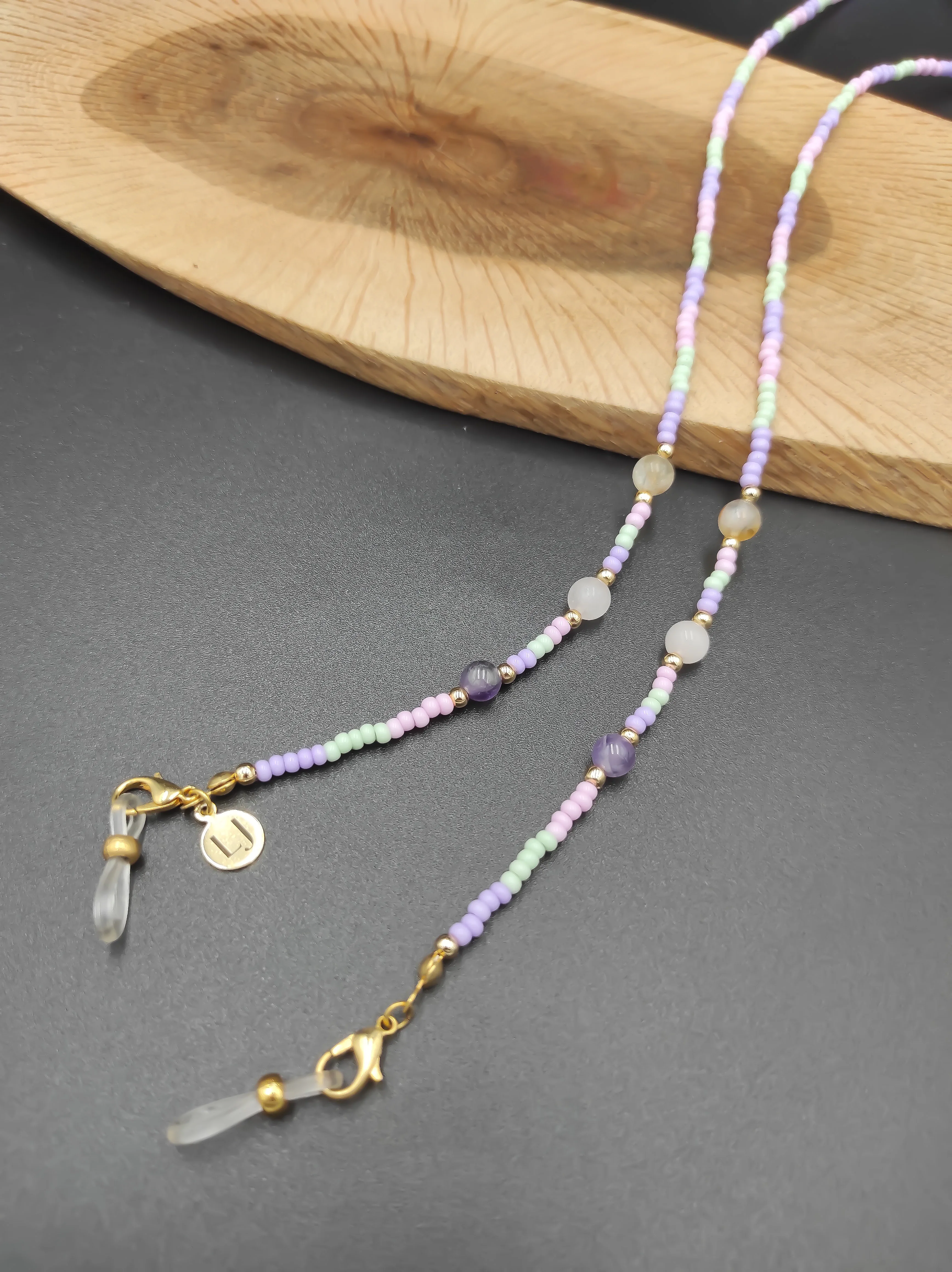 Amethyst - Citrine - Pink Quartz and Sand Bead Design Glasses Chain, Eyeglass chain, glasses holder