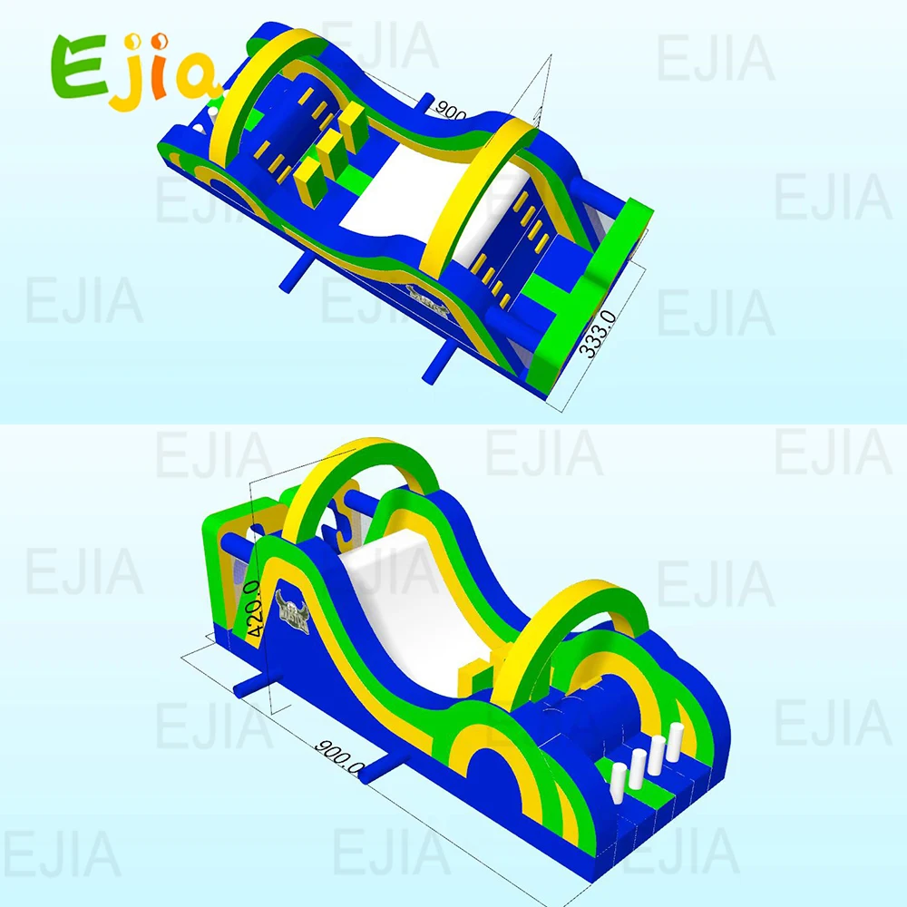 30ft/9m Green /Blue Giant Inflatable Radical Run Obstacle Course with Blower Commercial Grade Interactive Bounce House For Kids