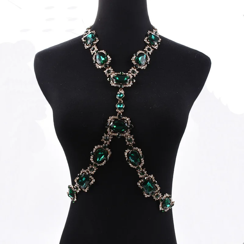 Costume Jewellery Accessory Collar Emerald Crystal Rhinestone Statement Bra Harness Necklace Waist Body Chain Jewelry for Women