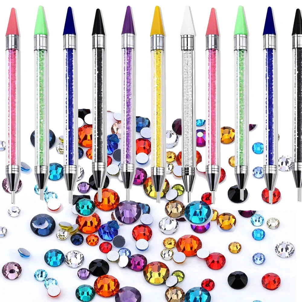 Stylo de sélection de cristal à Double tête pour Nail Art, 17cm, poignée en cristal acrylique, stylo de forage, gemme avec crayon de cire, stylo de diamant pour ongles, 1 pièces