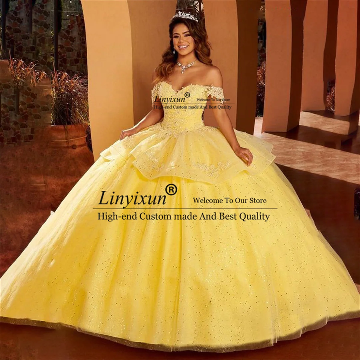 Princess Ball Gown Quinceanera Dress Appliques Lace Birthday Sweet 16 Dress Yellow Off Shoulder Lace Up Back vestidos de 15 años