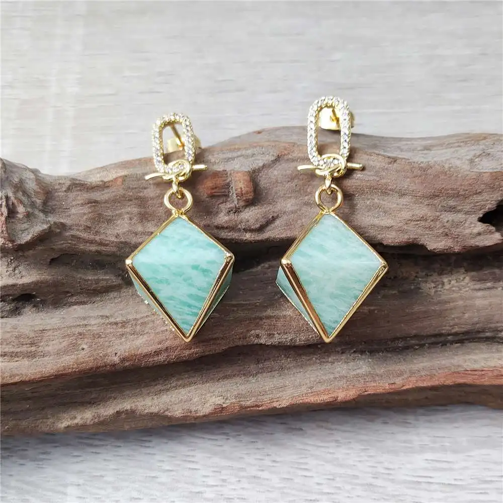 

FUWO Wholesale Natural Amazonite Earrings,Golden Plated Cubic Zircon Pyramid Green Crystal Stone Jewelry For Women 5Pair ER477CZ