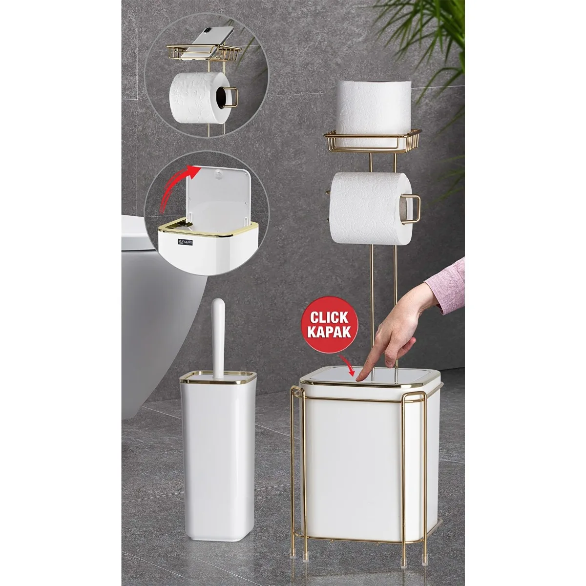 

Three Piece Bathroom Accessories Set Dustbin Cleaning Brush With Replacement Toilet Paper Hard Plastic Quality Material Luxury