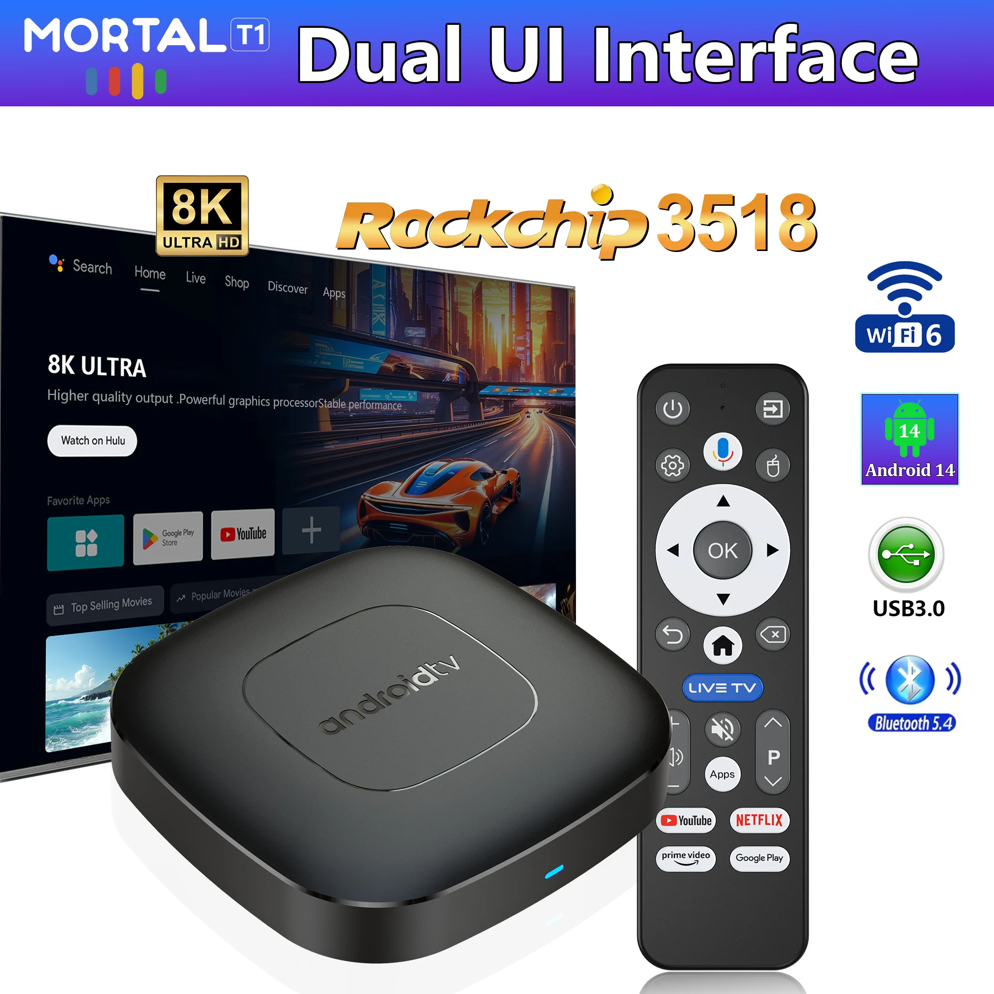 El último decodificador de TV inteligente T1 con Android 14.0 RK3518 4K Quad Core, control remoto por voz de Google, Wi-Fi 6, reproductor multimedia en streaming.