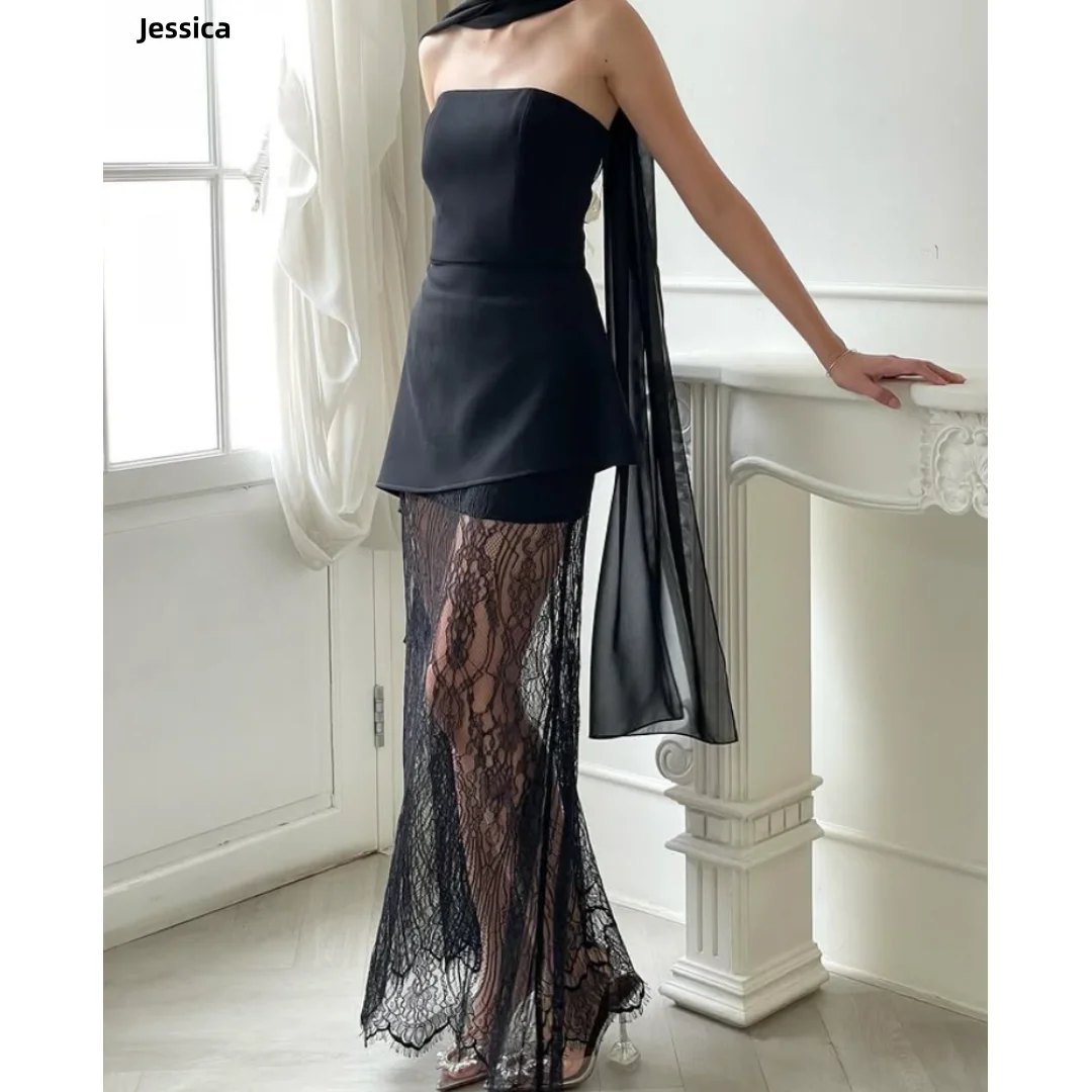 

Jessica Black Four-sided Stretch Evening Dresses Lace Embroidery Prom Dresses Slim Fit Off Shoulder Party Dresses Customized