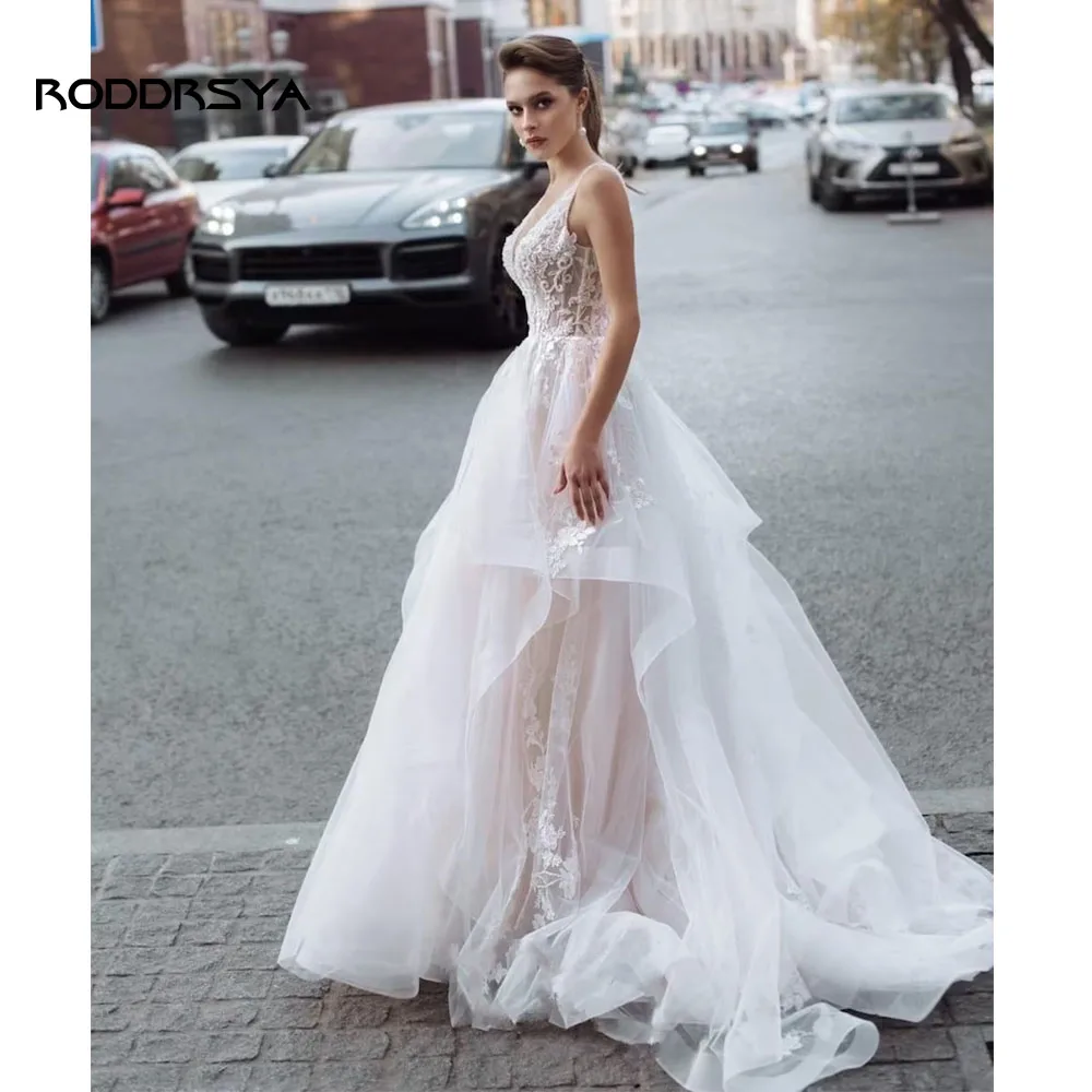 RODDRSYA Boho Gaun Pengantin Elegan untuk Wanita 2023 V-Neck Appliques Backless Criss-cross Gaun Pengantin Vestidos De Novia Dibuat Sesuai Pesanan