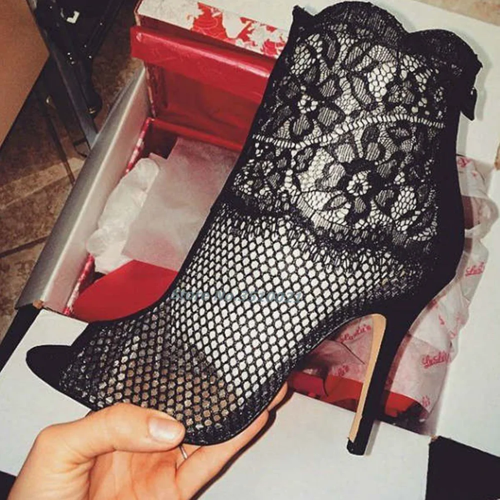 Mesh Lace Scalloped Collar Booties Peep Toe Stiletto High Heels Solid Color Sexy Banquet Party Women Shoes Fashion Stylish 8cm