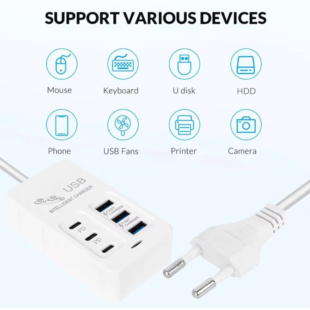 6 IN 1 USB Charger 35W PD Type C Fast Charge Charger Wall Phone Adapter Quick Charger 3.0 USB Hub EU US Plug USB Type C Charger