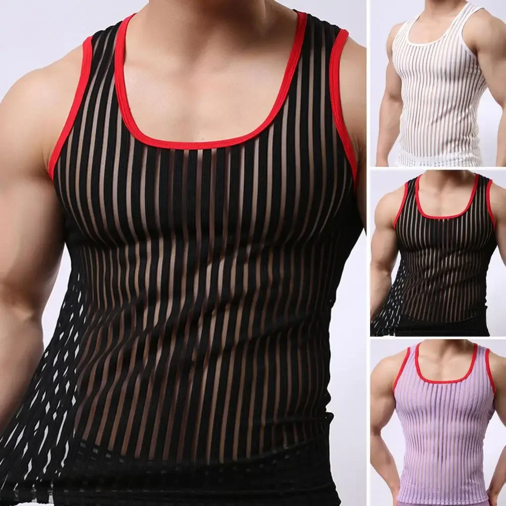 Letni podkoszulek męski Modna kamizelka sportowa Koszula w paski Elastyczna siateczka Koszulki z przędzy Koszulka z dołem Kamizelka fitness 3D Streetwear — zdjęcie 2