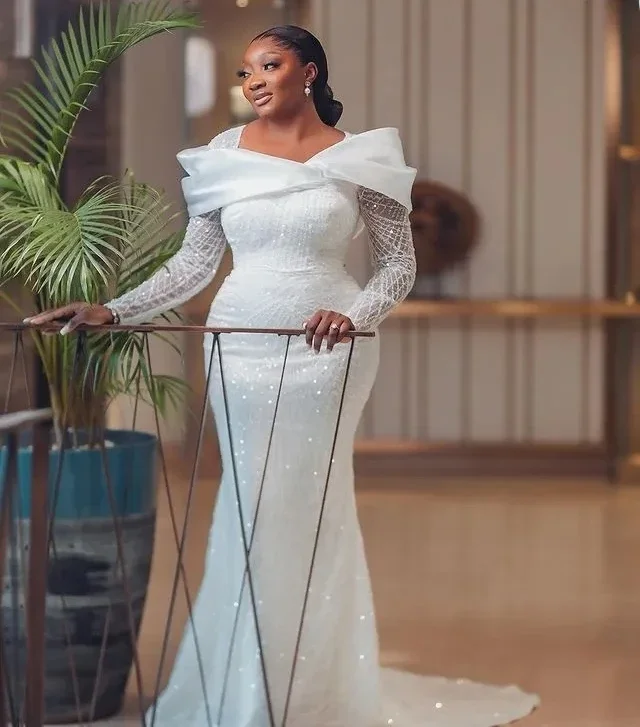 Bling afrikanische Brautkleider Meerjungfrau lange Ärmel Spitze aso ebi Frauen Braut Brautkleider