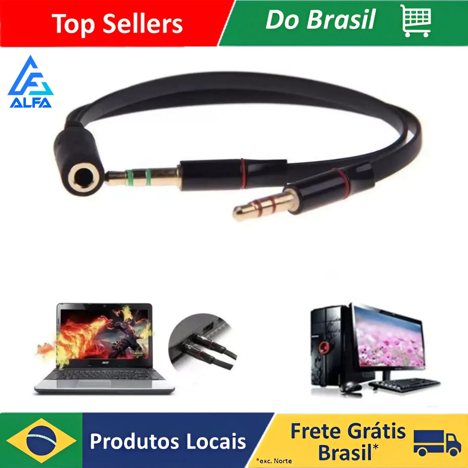 ALFA Cabo Adaptador P2 2 Macho 1 Fêmea Fone Microfone Headset