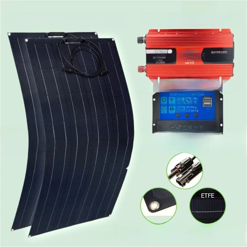 1200W/2400W Solar Energy System 110V/220V 2000W Solar Panel Inverter Glass 12V Battery Charging Controller For Home/Outdoor Use