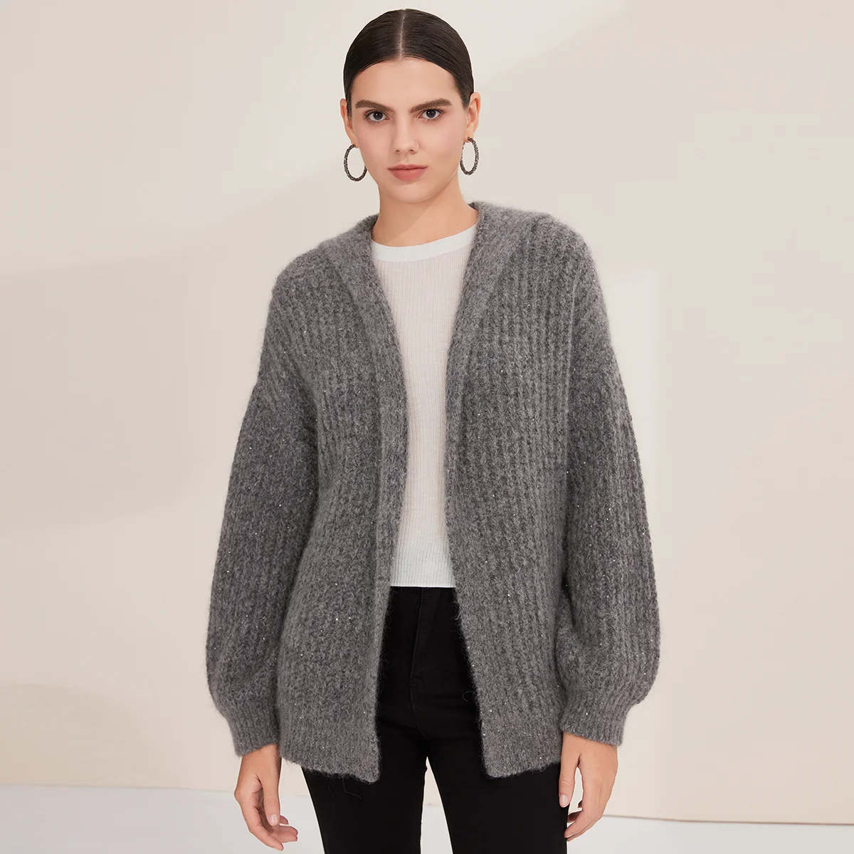 

BY3521311 High-End Women's Mohair Cashmere Alpaca Blend Cardigan 3-Gauge Chunky Knit Luxury Thick Knitwear