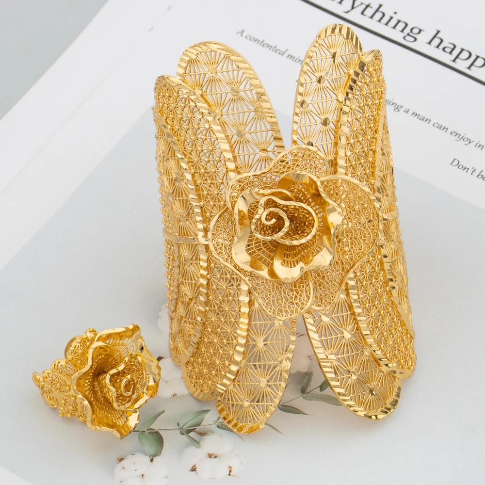 Dubai Manschettenarmreif Damen Arabisch 18K vergoldet Armband Ring Luxus Großer runder Schmuck Kupfer Hochzeit Äthiopien Brautgeschenke – Detail 6