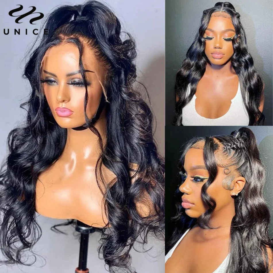 UNice Hair Body Wave Human Hair Full Lace Frontal Wig Natural Color Pre Plucked Full Lace Wigs 100% Human Hair 150% Density