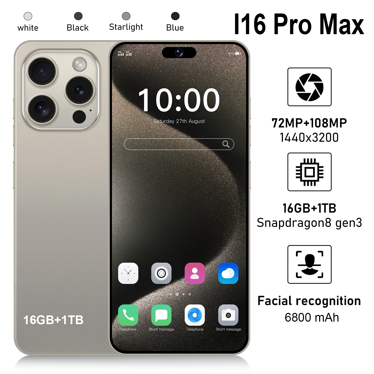 Original For Brand New I16 Pro Max Smartphone 7.3 inch Screen 4G 5G Cell Phone 6800mAh Mobile Phones Global Version Celulares