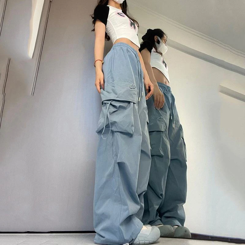 2024 Women Y2K Cargo Pants Solid Low Waist Joggers Tech Pants Drawstring Wide Leg Baggy Hip Hop Trousers Streetwear Sweatpants