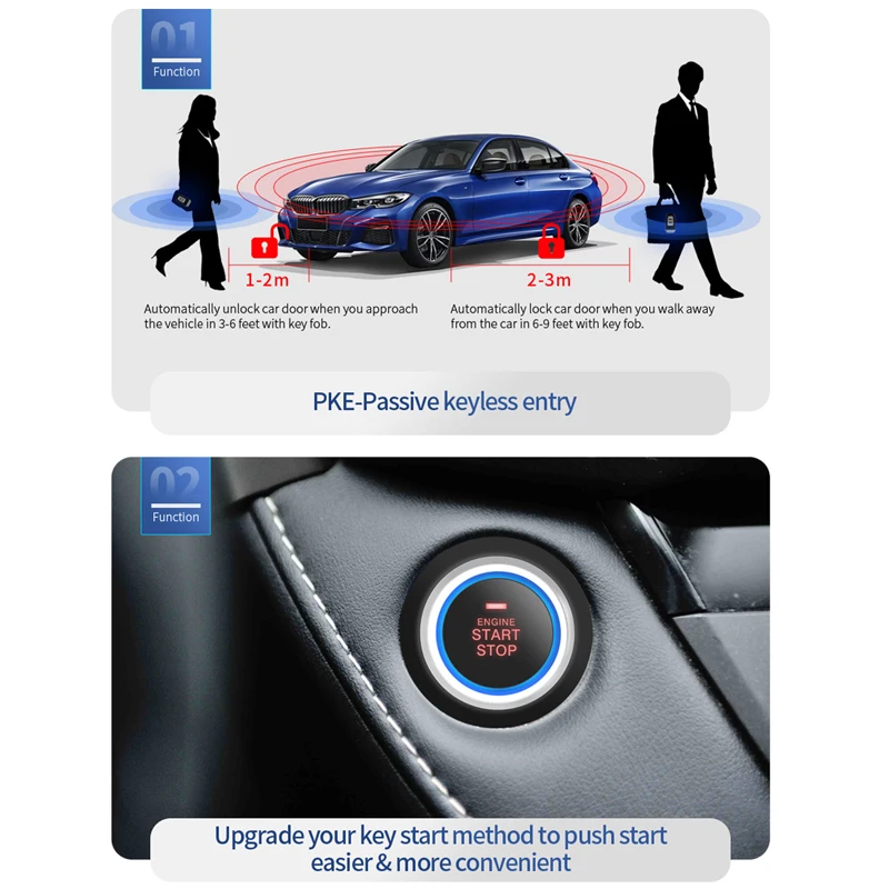 EASYGUARD remote engine start push start button start stop pke keyless entry system automatic shock alarm warning system dc12v