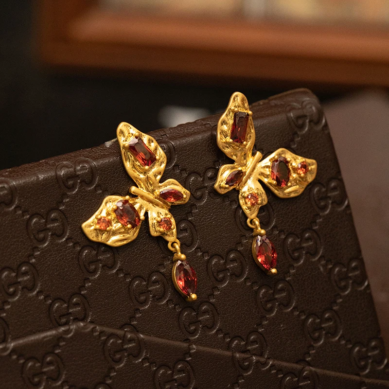 

Fraya Royal Butterfly Earrings - 18K Gold Plated 925 Sterling Silver with Vivid Red Gemstones | Luxury Dangle Jewelry for Women