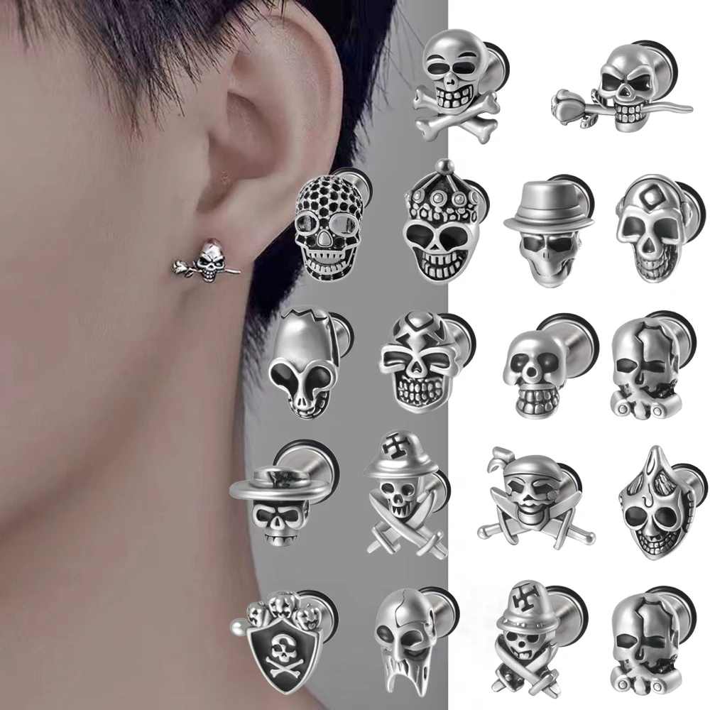 

1PC Skull Ear Stud Earring Silver Vintage Cool Skull Ear Cartilage Tragus Earrings Punk Skeleton Disc Lobe Earrings Piercing