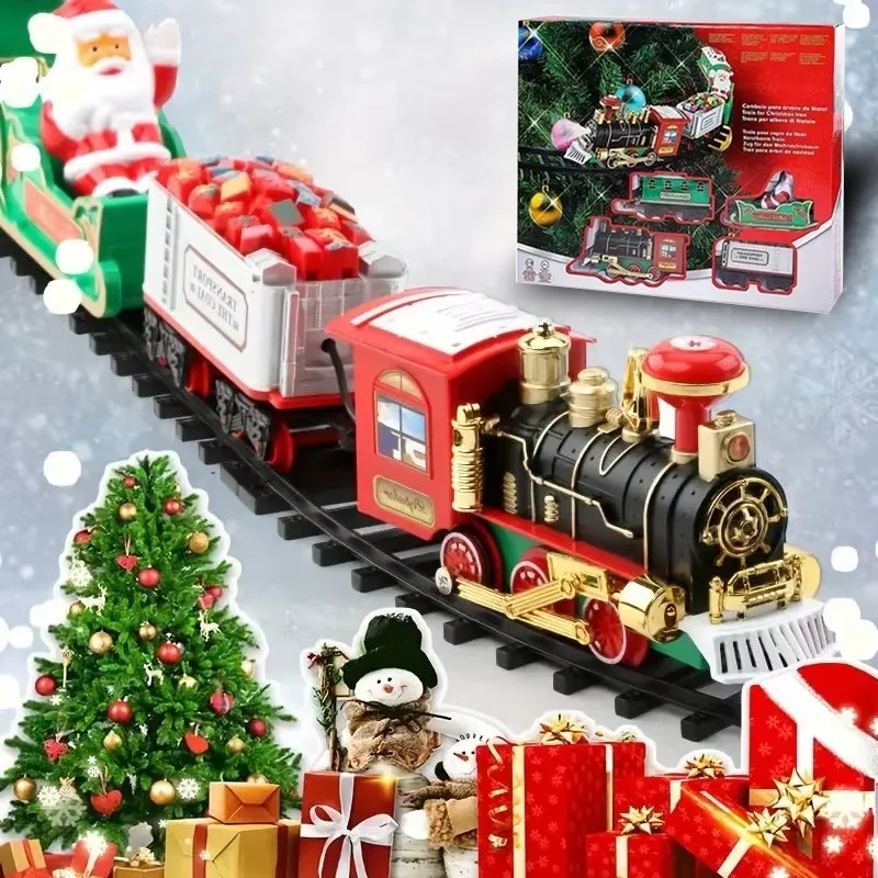 Christmas Train Electric Toys Christmas Tree Decoration Train Track Frame Railway Car with Sound&Light Rail Car Christmas Gifts