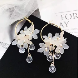 New Korean Sweet Transparent Crystal Flower Drop Earrings for Women Temperament Long Tassel Earrings Female Elegant Jewelry Gift