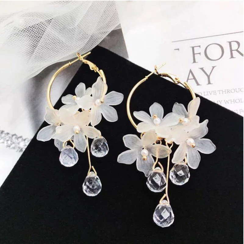 New Korean Sweet Transparent Crystal Flower Drop Earrings for Women Temperament Long Tassel Earrings Female Elegant Jewelry Gift