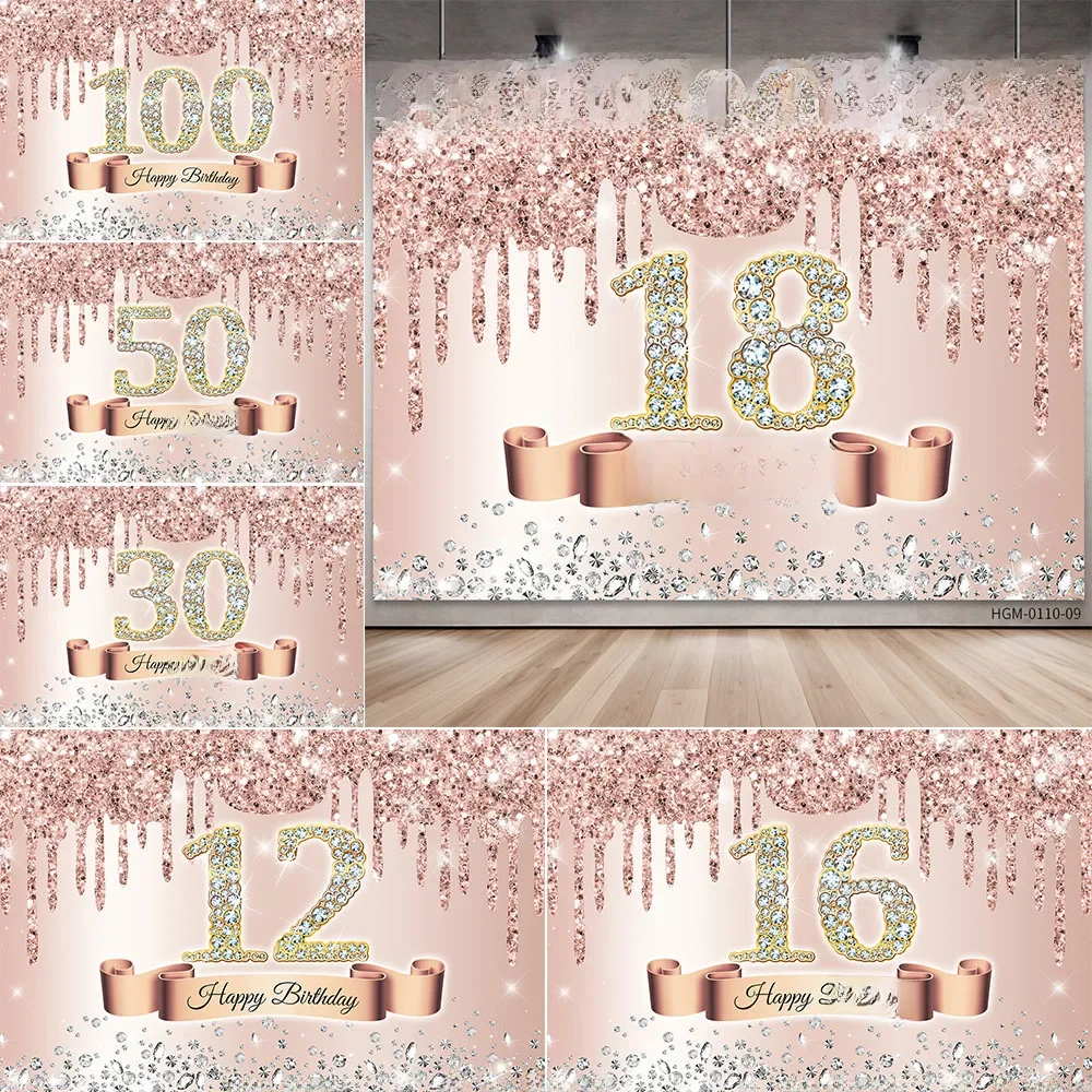 Rose Golden Happy 18th Birthday Party Backdrop Glitter Diamond Birthday Background Girl Sweet Birthday Party banner photography — zdjęcie produktu 7