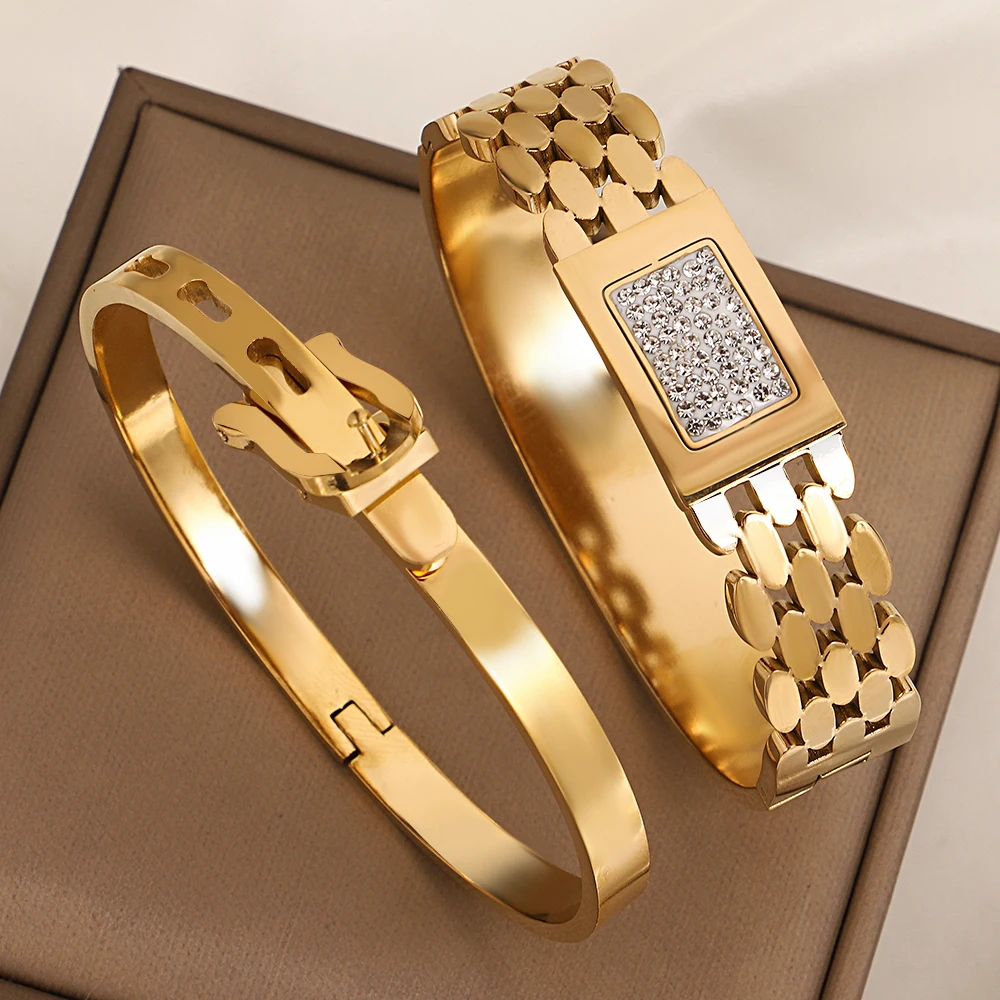 

Retro Square Rhinestone Stainless Steel Wide Bangle for Women Thick Metal Spring Open Bangle Bracelet Female Wristband Jewelry