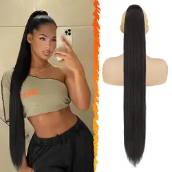 Extensiones de cabello humano de cola de caballo recta con Clip en cola de caballo con cordón cola de caballo brasileña recta para mujeres negro Natural # 1B