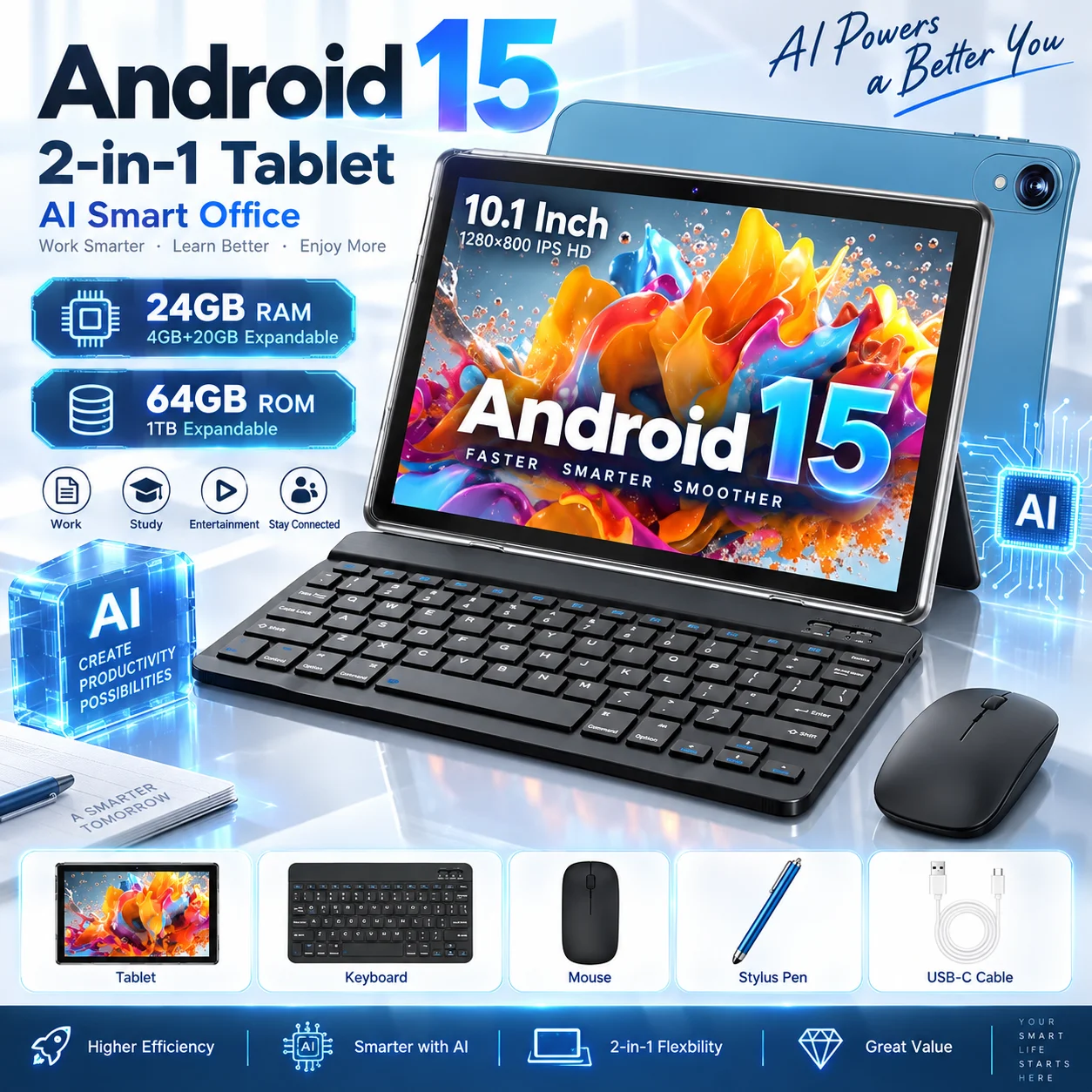 COLORROOM Android 15 10.1 Inch 2 in 1 Tablet with Keyboard Mouse, 24GB RAM 64GB ROM, IPS GMS, 1TB Expandable, Laptop Style Table