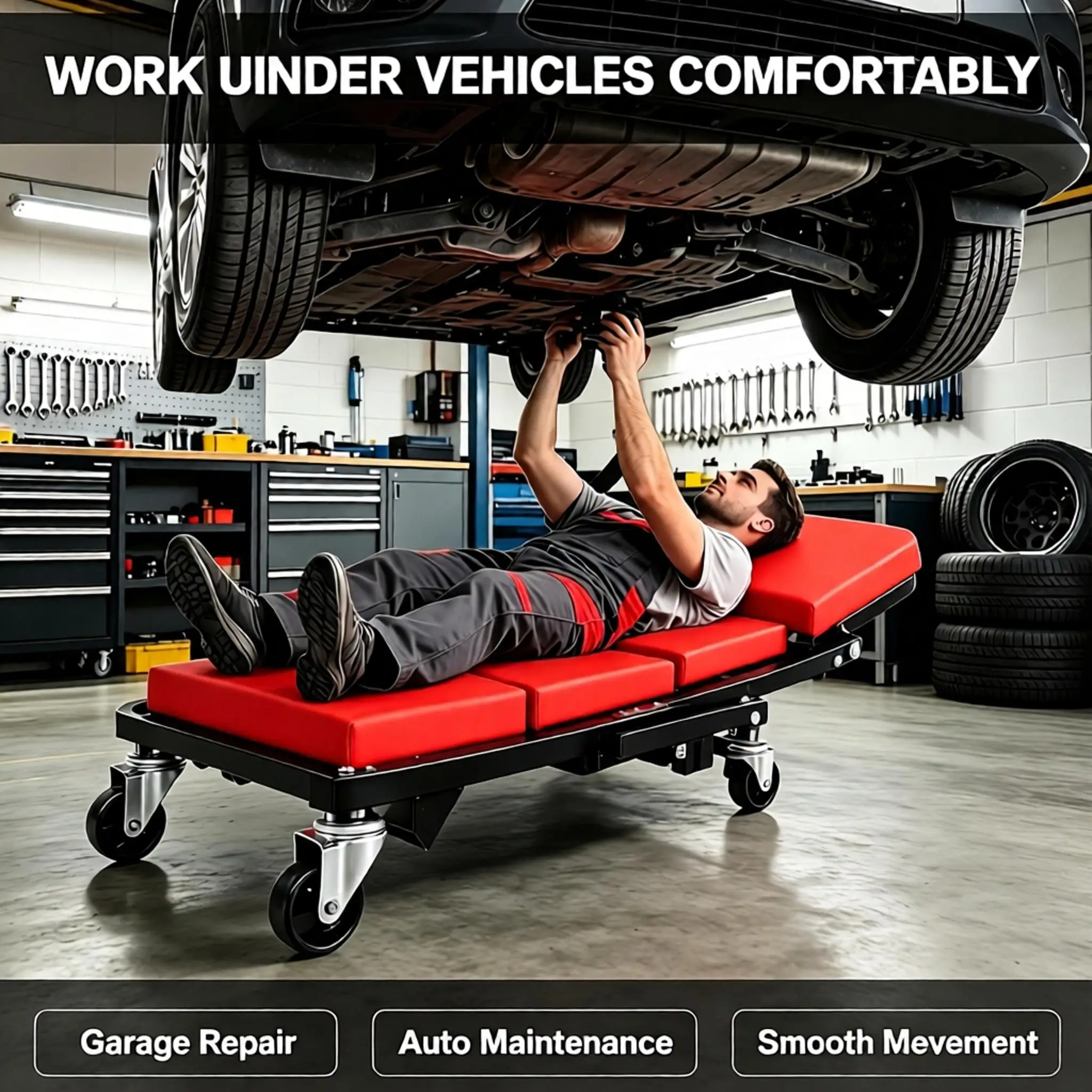 Foldable 2-in-1 Mechanic Car Creeper Rolling Garage Repair Stool Heavy Duty Auto Under Car Work Seat with Swivel Wheels