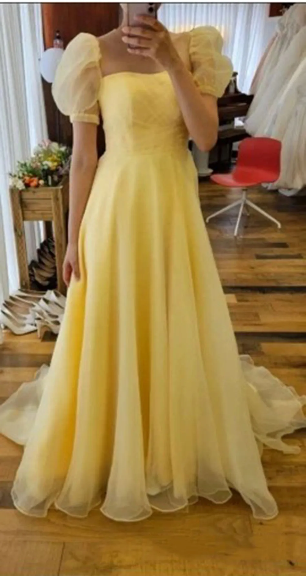 Verngo Simple Light Yellow Tulle Prom Dresses Short Sleeves Square Neck Korea Women Evening Gowns Formal Party Dress Bride