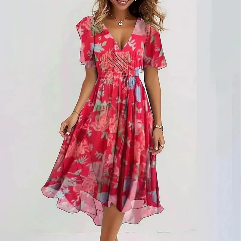 Elegante dames lente en zomer korte mouwen losse a-lijn jurk dames casual v-hals bloemenprint strandstijl jurken midi - afbeelding 2