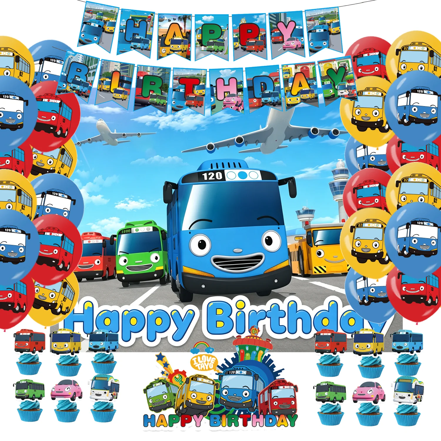 Cartoon „Der kleine Tayo Bus“-Thema Geburtstagsparty-Dekorationen Anime-Auto-Hintergrund Ballon Papier-Cupcake-Topper Zubehör Kindergeschenke