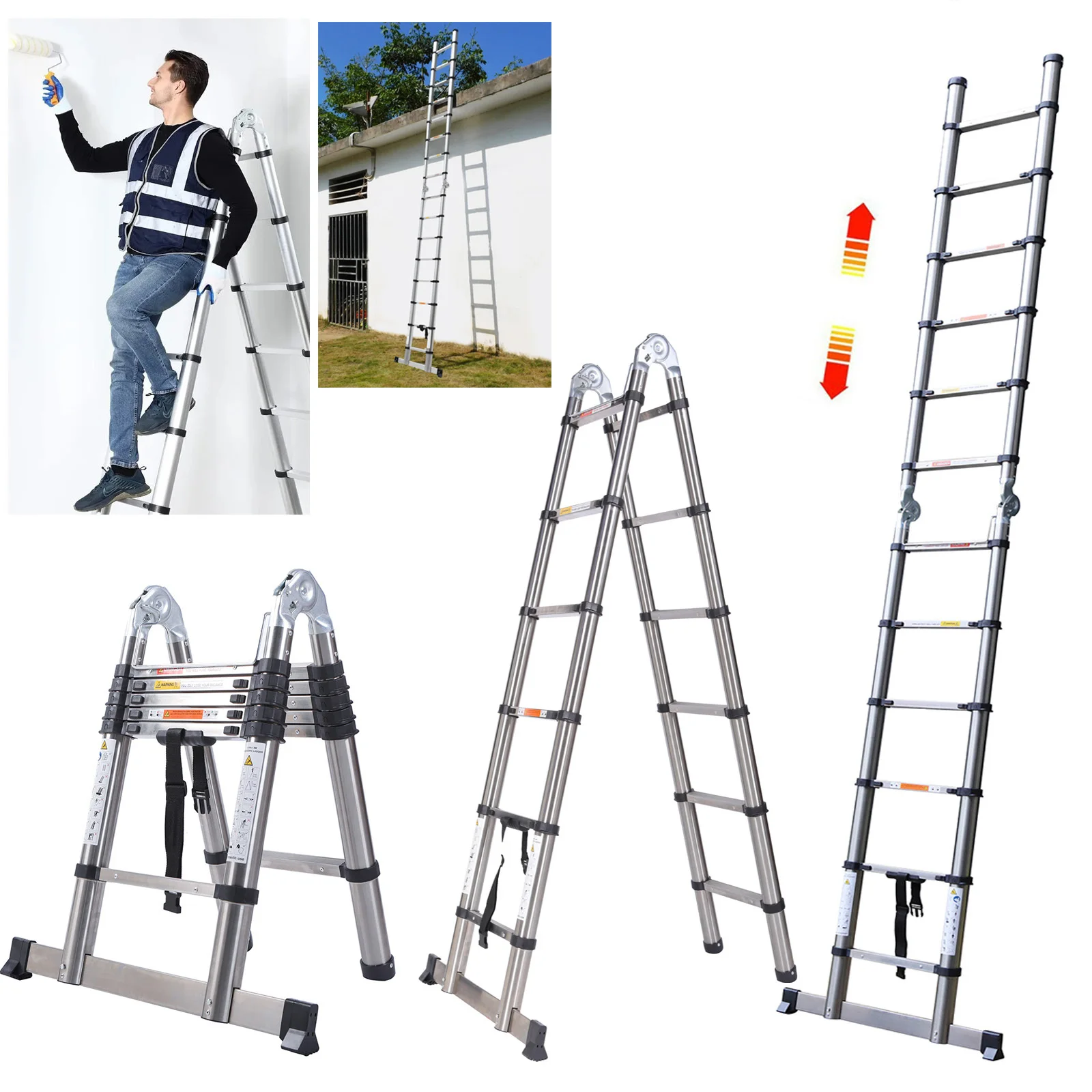 Telescopic Ladder 3.8 Meters Stainless Steel Folding Ladder with Stabilizer Bar, 1.9m+1.9m Multi Purpose Extension Loft Ladder, 12 Steps, A Frame Extendable Ladder, Adjustable Height & Anti-Slip