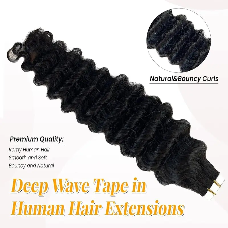 Deep Wave Tape In Human Hair Extensions 20 Pieces 100% Remy Humen Hair 16-26Inch Skin Weft Tape Ins Natural Black #1B