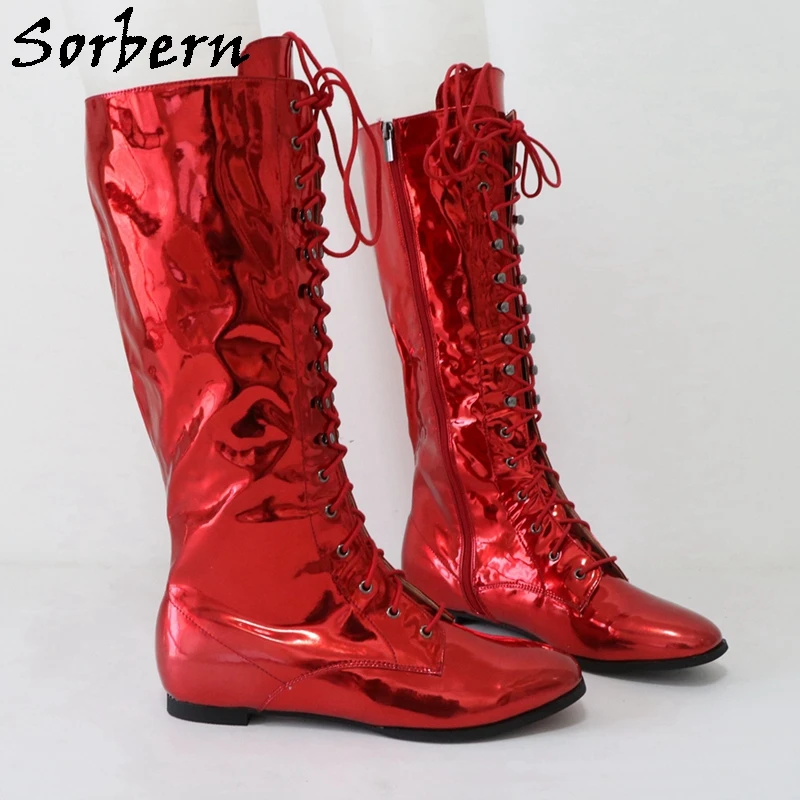 Sorbern Punk Style Metallic Red Boots Unisex Style Flat Heel Larg Size Lace Up Knee High Boot Fetish Lace Up Shoes Custom Color