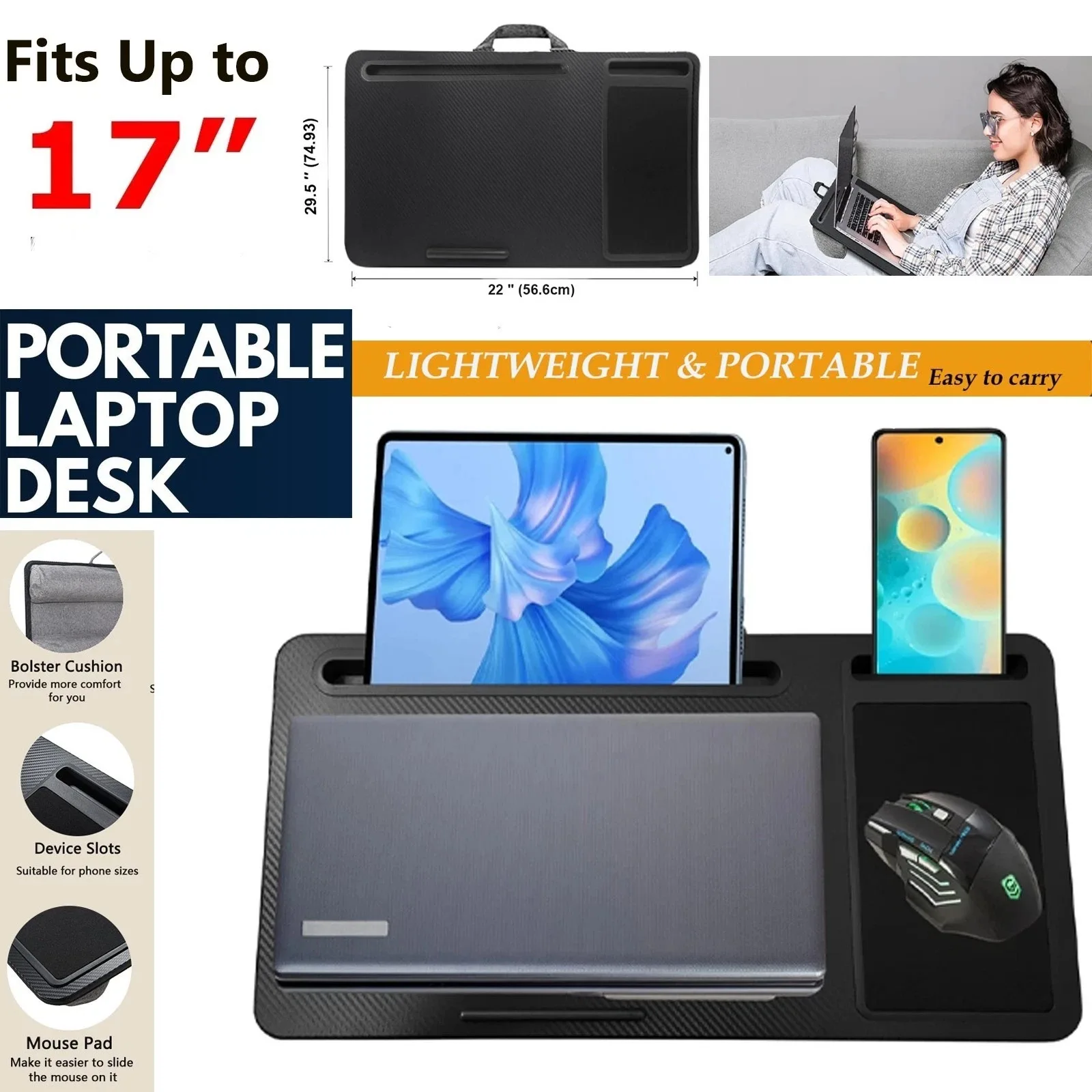 Laptop Stand with Pillow Cushion Home Office Lap Desk with Mouse Pad and Phone Holder Laptop Table Fits Up To 17 Inches Laptop