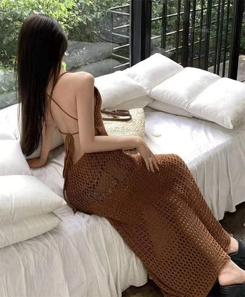 女性用セクシーな背中開きレースアップホローアウトロングニットドレスビーチサイドスリットシアークロシェビキニカバーアップ水着女性用水着