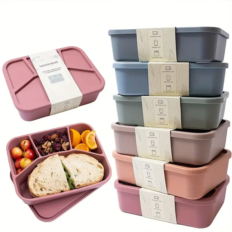

Food-grade eco-friendly leak-proof silicone lunch box, suitable for children and adults, 4 compartments, 3 colors to choose from