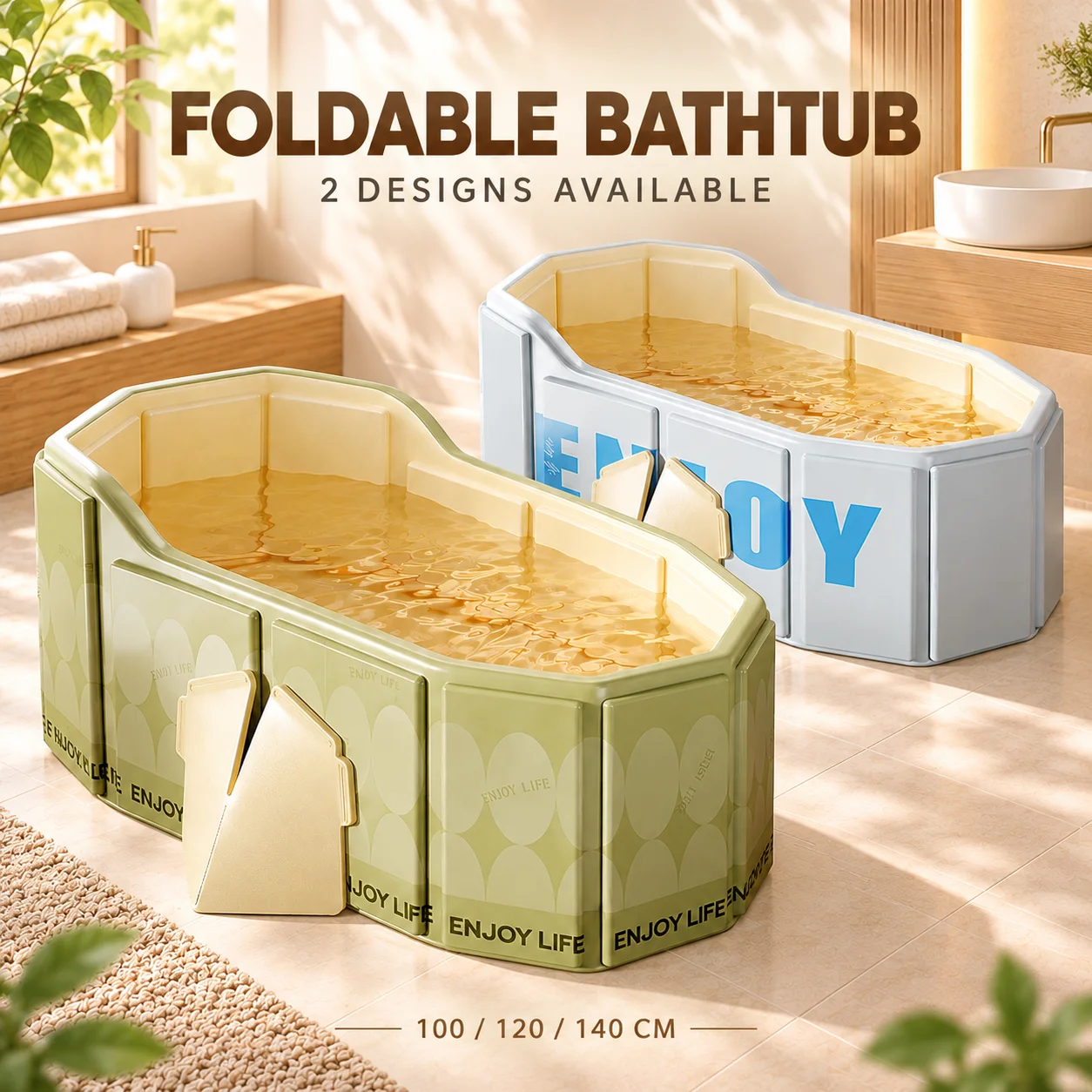 1PC Foldable Bathtub for Adults 100/120/140cm Portable Soaking Tub with Reinforced Panels V-Shaped Support for Home Bathroom