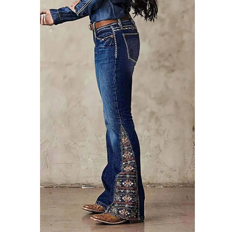 Huang's Stylish High Rise Flare Paisley Hem Denim Jeans Western Elegant Ladies Boot-Cut Pants Comfortable & Stretchy T04