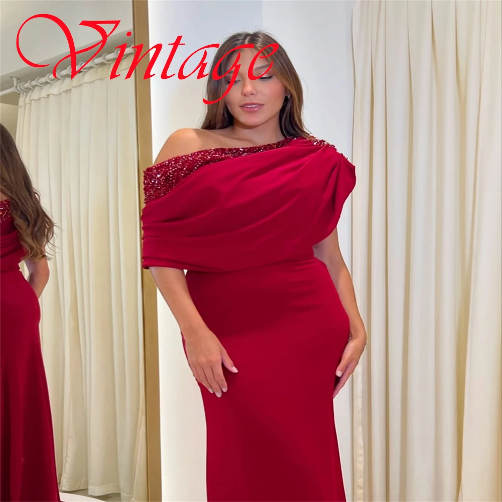 

Customized Classic Red Jersey Evening Dress Exquisite One Shoulder Off the Shoulder Short Sleeves Beading Homecoming Dress
