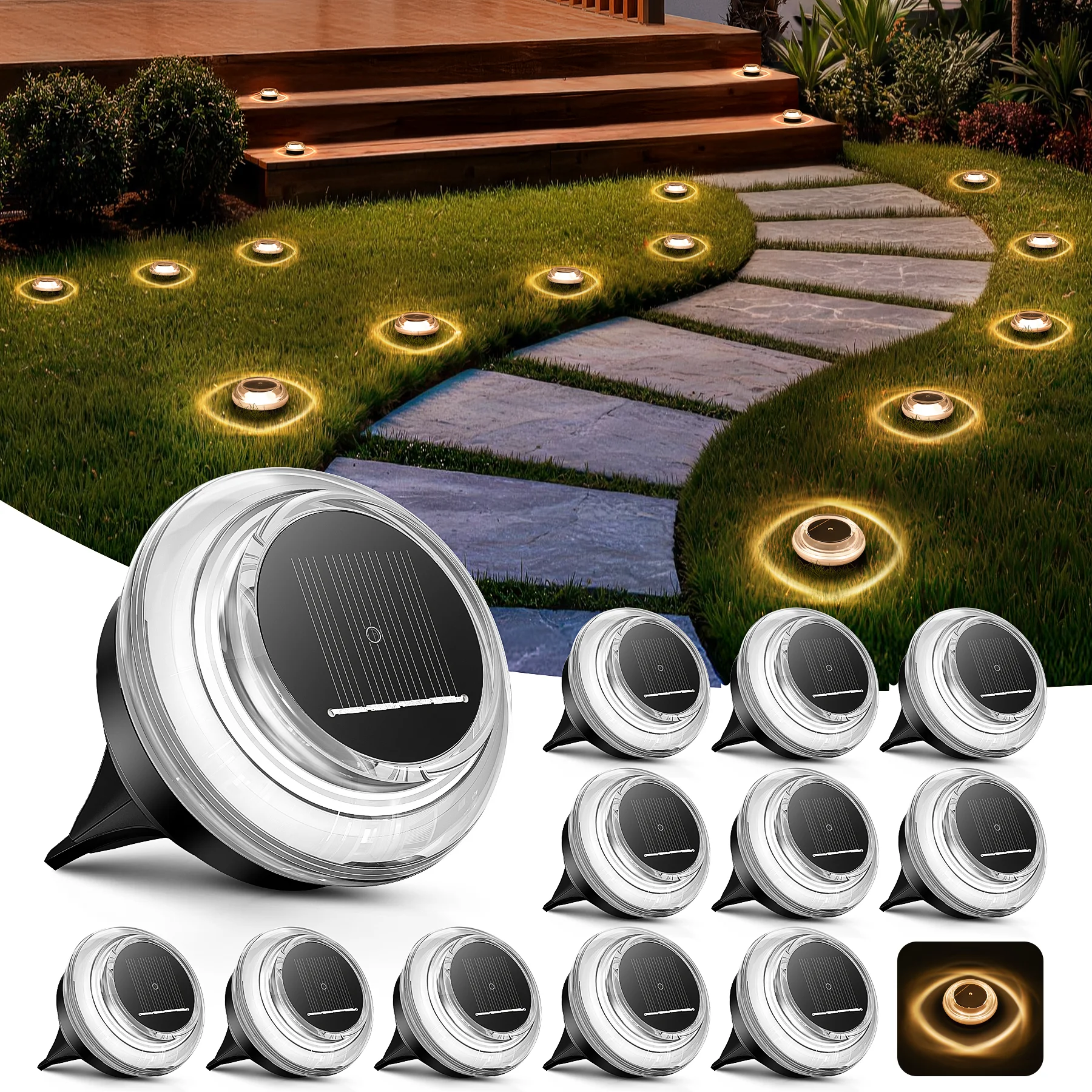 Lureshine 12 stuks buiten solar grondlampen 4 warmwitte LED's IP65 waterdichte solar schijfverlichting automatisch aan/uit voor tuinpad gazon erf oprit patio terras looppad landschap decoratieve