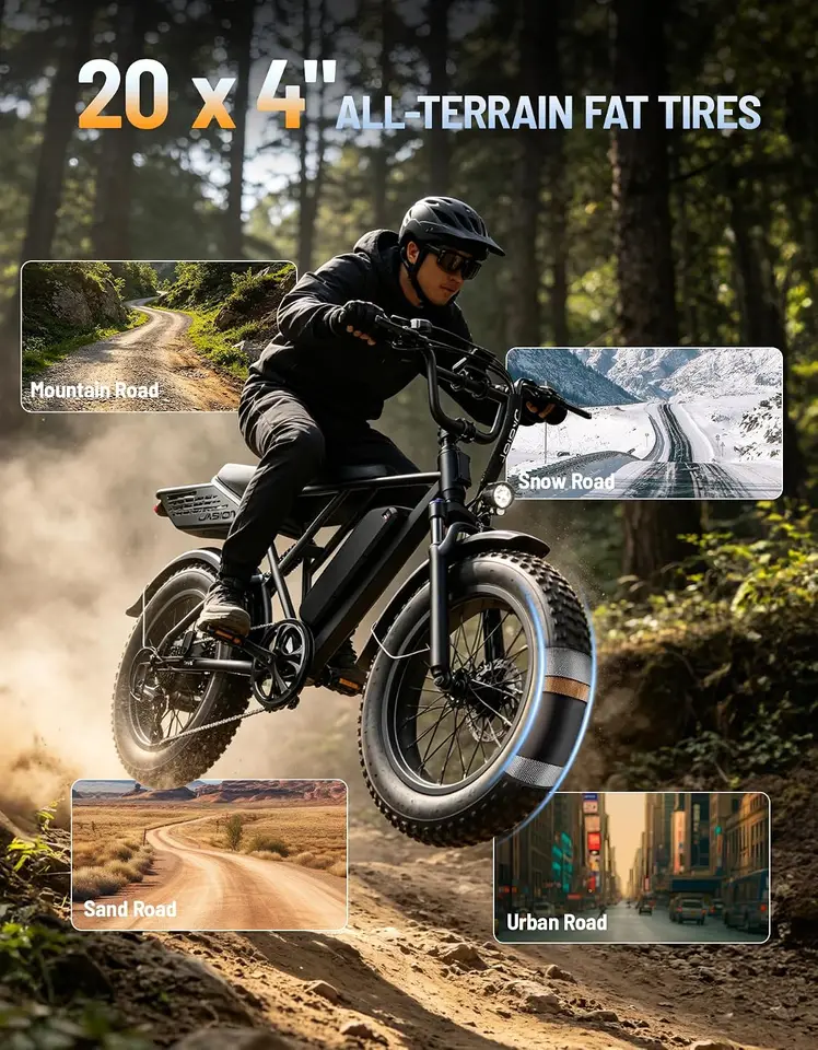 Jasion Electric Bike, 70-Mile Range, Fat Tire 48V 13Ah Removable Battery, E bike, 5 Riding Modes, 7-Speed, Full Suspension, IPX6, for Commuters, Beaches, Weekends