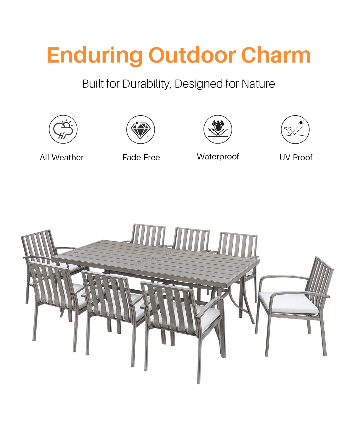 طقم طعام فناء مكون من 9 قطع من SeeHill، طاولة ألومنيوم مع 8 كراسي ووسائد، فتحة مظلة، سطح السفينة، الحديقة، الفناء الخلفي، بلوط محدود